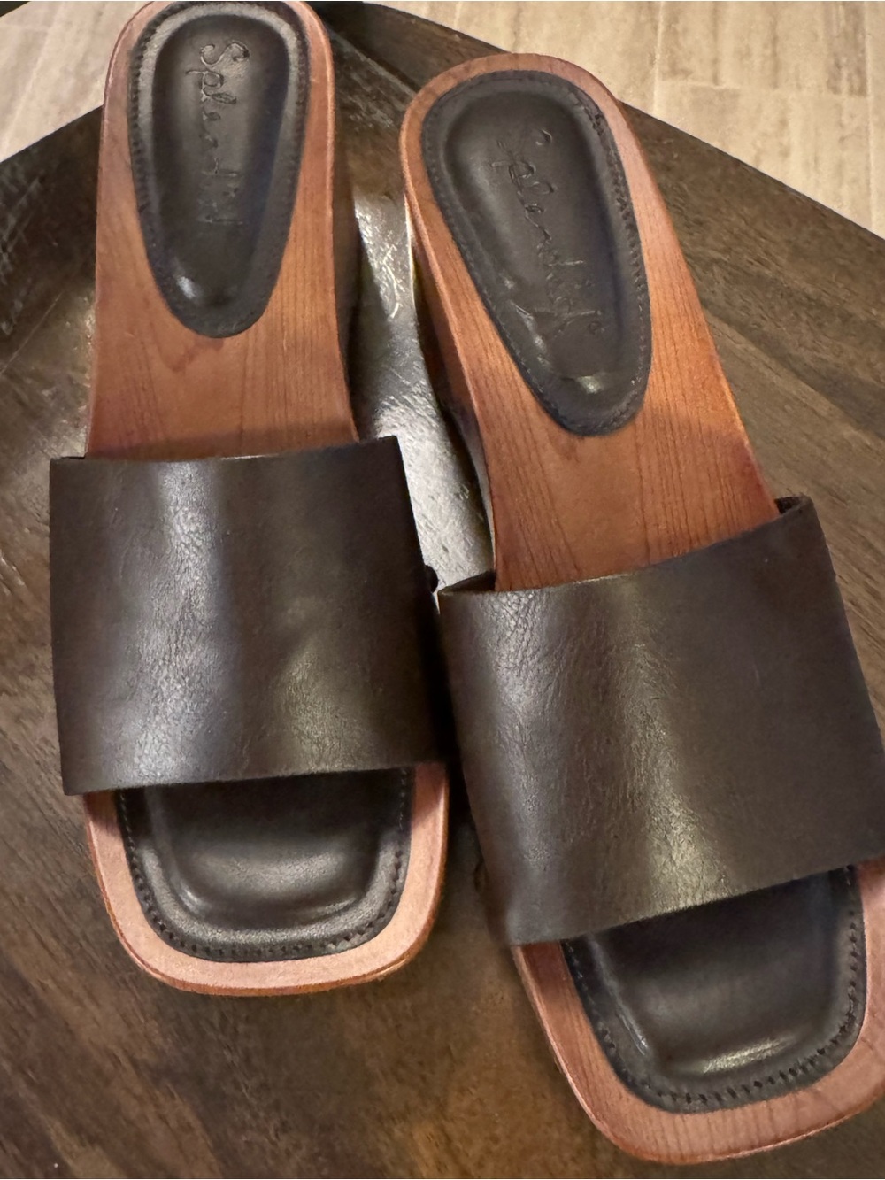 Splendid Dark Brown Leather Slide Sandals with Wood-Effect Sole